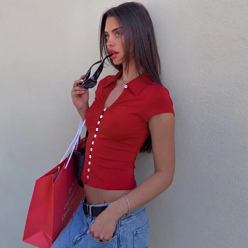 FDYOUI 2026 Women's T-shirts Turn-down Collar Single Breasted Short Sleeve Crop Tops Female Hollow Out Red Tee Shirt Streetwear