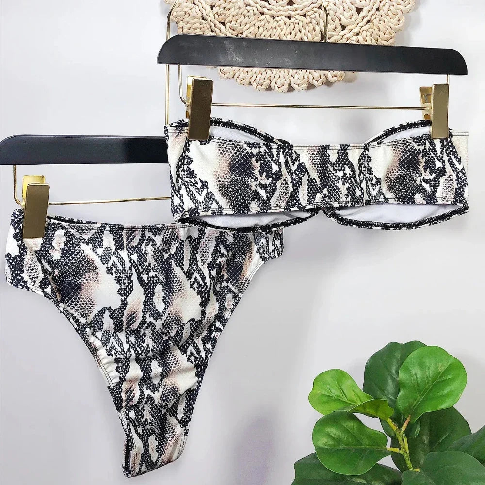 2026 Sexy Bikini Bandeau Women Snakeskin Black Swimwear Swimsuit Bikini Set Bathing Suit Female Belt Metal Hoop Decor Banadores