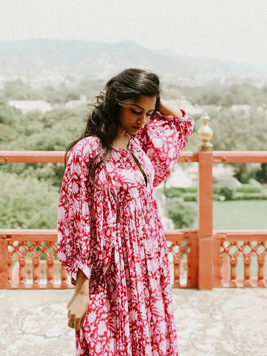 Foridol Lantern Half Sleeve Cyan Bohemian Beach Midi Loose Dress Summer for Women Tie Up Casual Floral Holiday Midi Vestidos