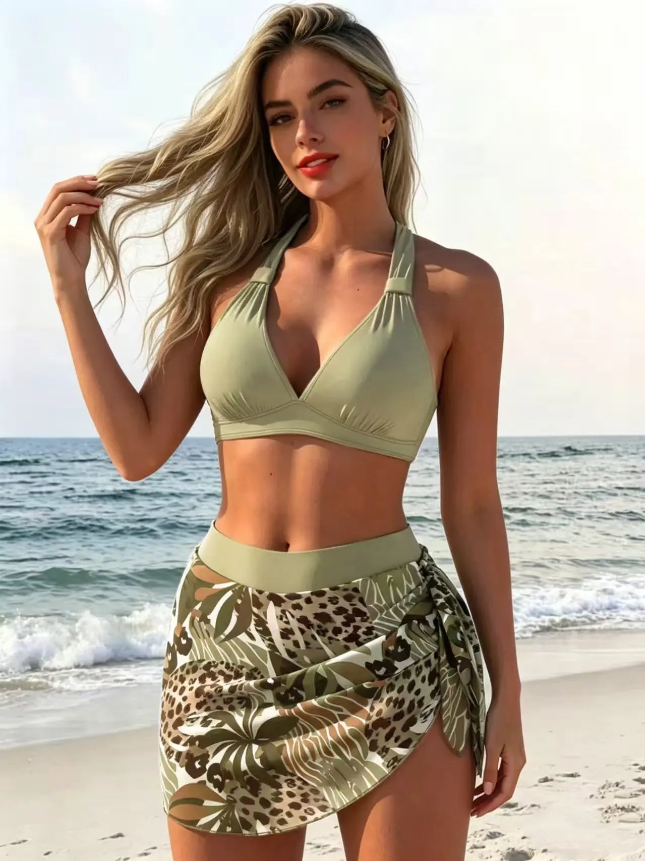 Women's one-piece swimsuit, conservative lace-up swimsuit, belly-covering slimming printed swimsuit