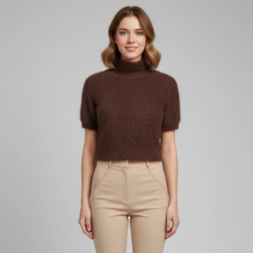 Women's Spring Summer Fuzzy Knit Tops Fashionable Casual Solid Color High Neck Short Sleeve Crop Sweater