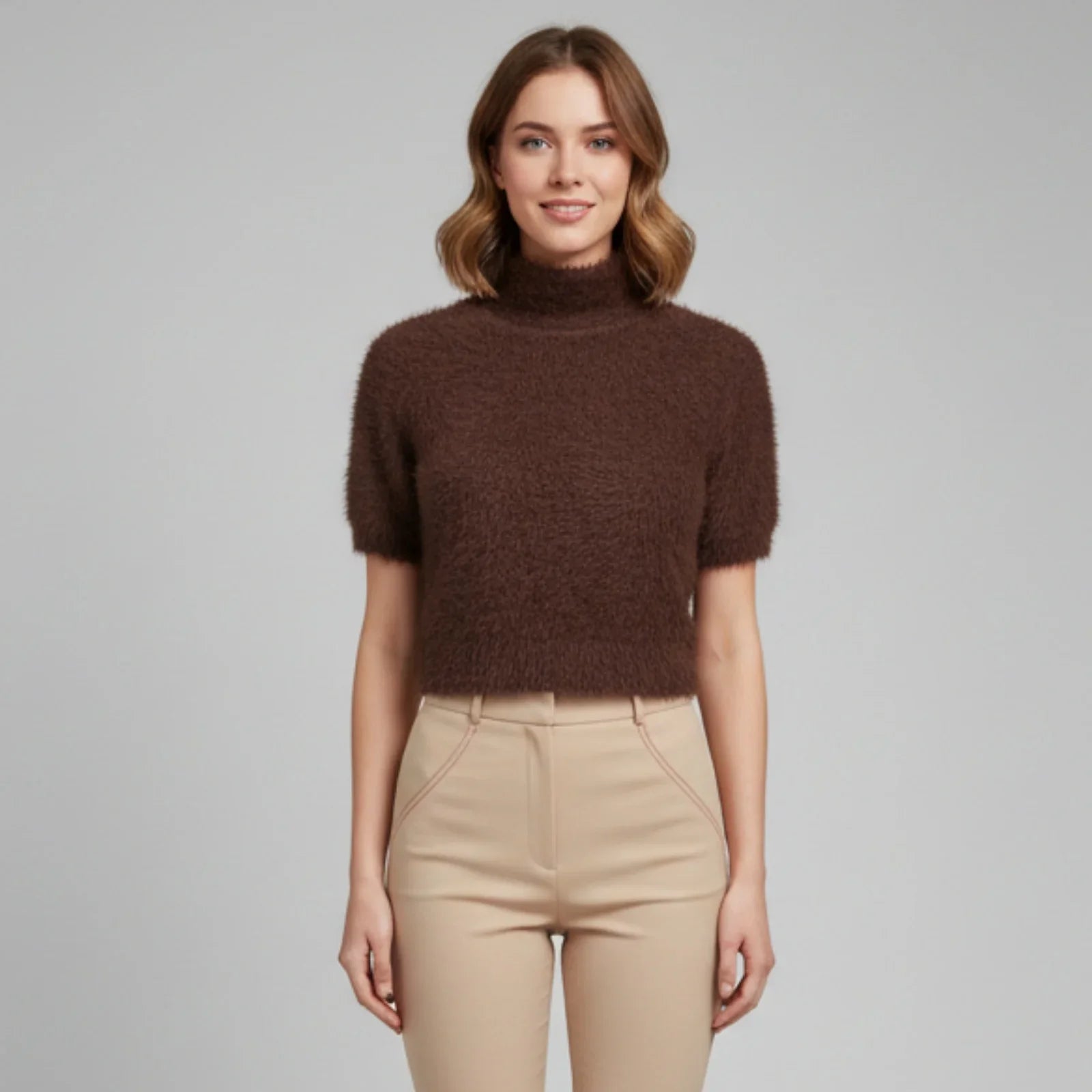 Women's Spring Summer Fuzzy Knit Tops Fashionable Casual Solid Color High Neck Short Sleeve Crop Sweater