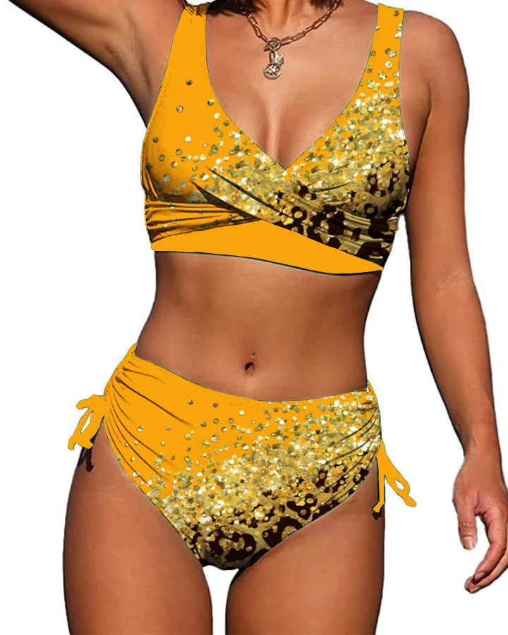 2026 Drawstring V Neck High Waist Bikini Women Printed Swimwear Female Swimsuit Bathers Bathing Swimming Suit Beachwear Summer