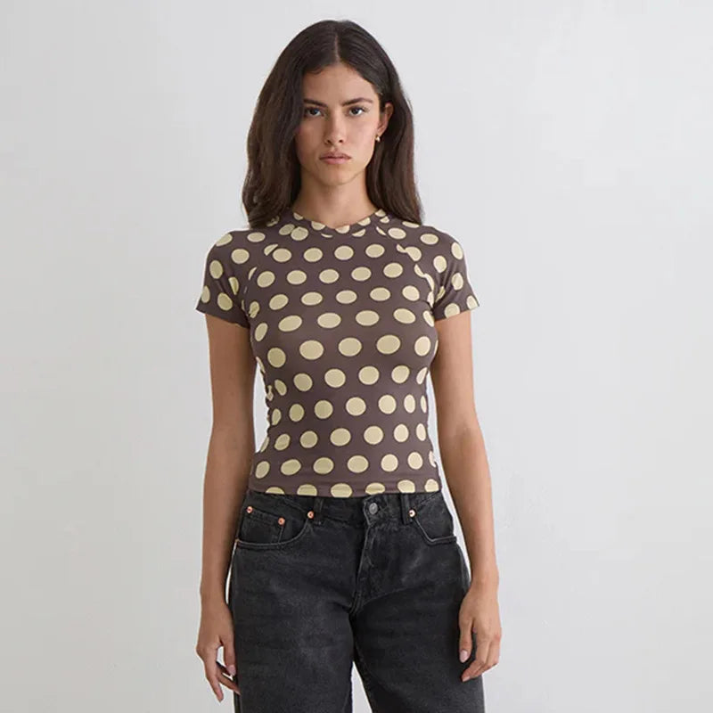 2026 Summer Women's Tops Round Neck Short Sexy Polka Dot T-Shirt Tops