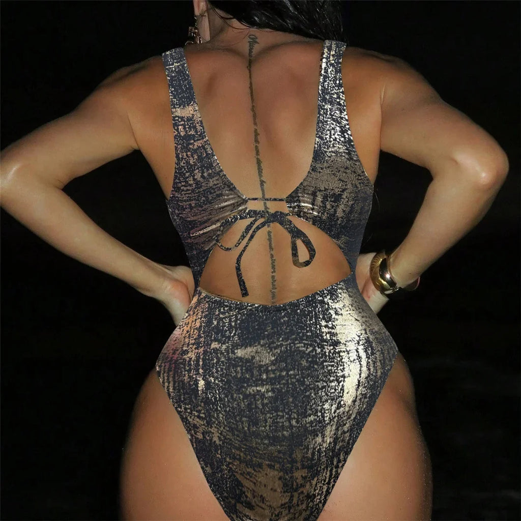 Sexy Golden Deep V Neck High Cut Leg Backless One Piece Swimsuit Women Swimwear Female Monokini Bather Bathing Suit Swim V6690