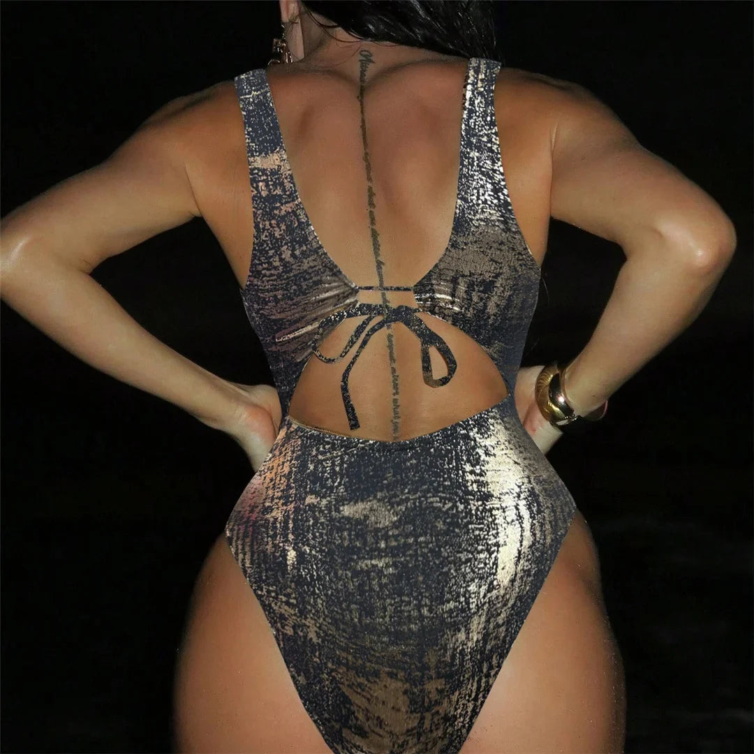 Sexy Golden Deep V Neck High Cut Leg Backless One Piece Swimsuit Women Swimwear Female Monokini Bather Bathing Suit Swim V6690