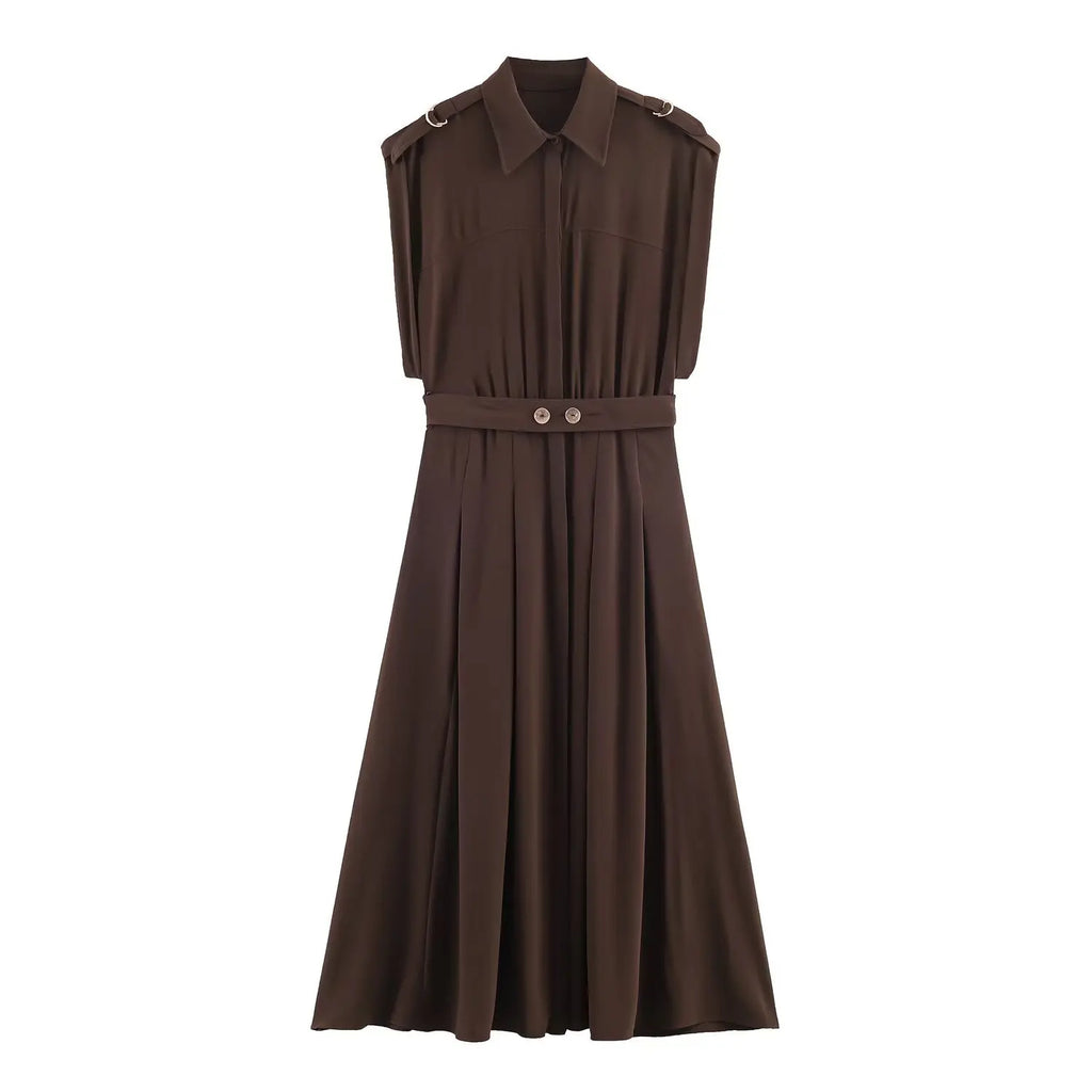Women's Fashion Midi Dress Brown Sleeveless Shirt Dress For Women Shoulder Details Buttoned Waist Button Elegant For Wear PS9Y