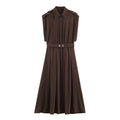 Women's Fashion Midi Dress Brown Sleeveless Shirt Dress For Women Shoulder Details Buttoned Waist Button Elegant For Wear PS9Y