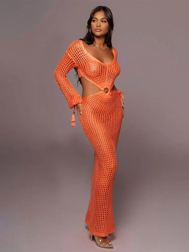 DEKA New Sexy Knit Mesh Cut Out Deep V Neck Long-sleeve Lace-up Fringe Tunic Summer Women Swimsuit Cover-ups Beach Maxi Dress
