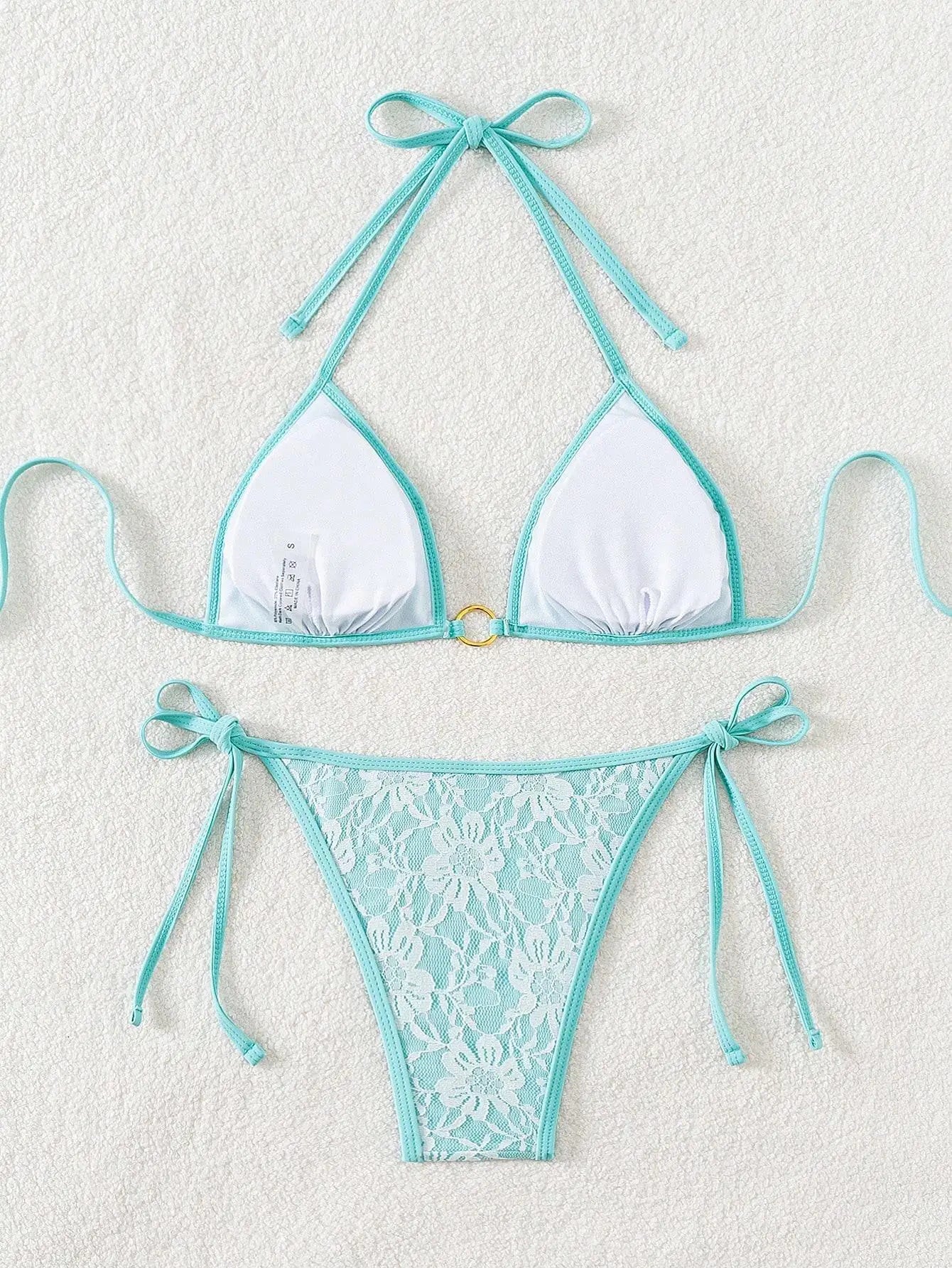 Embroidery Mesh Lace Halter High Cut Bikini Female Swimsuit Women Swimwear Two-pieces Bikini Set Bather Bathing Suit Swim Beach