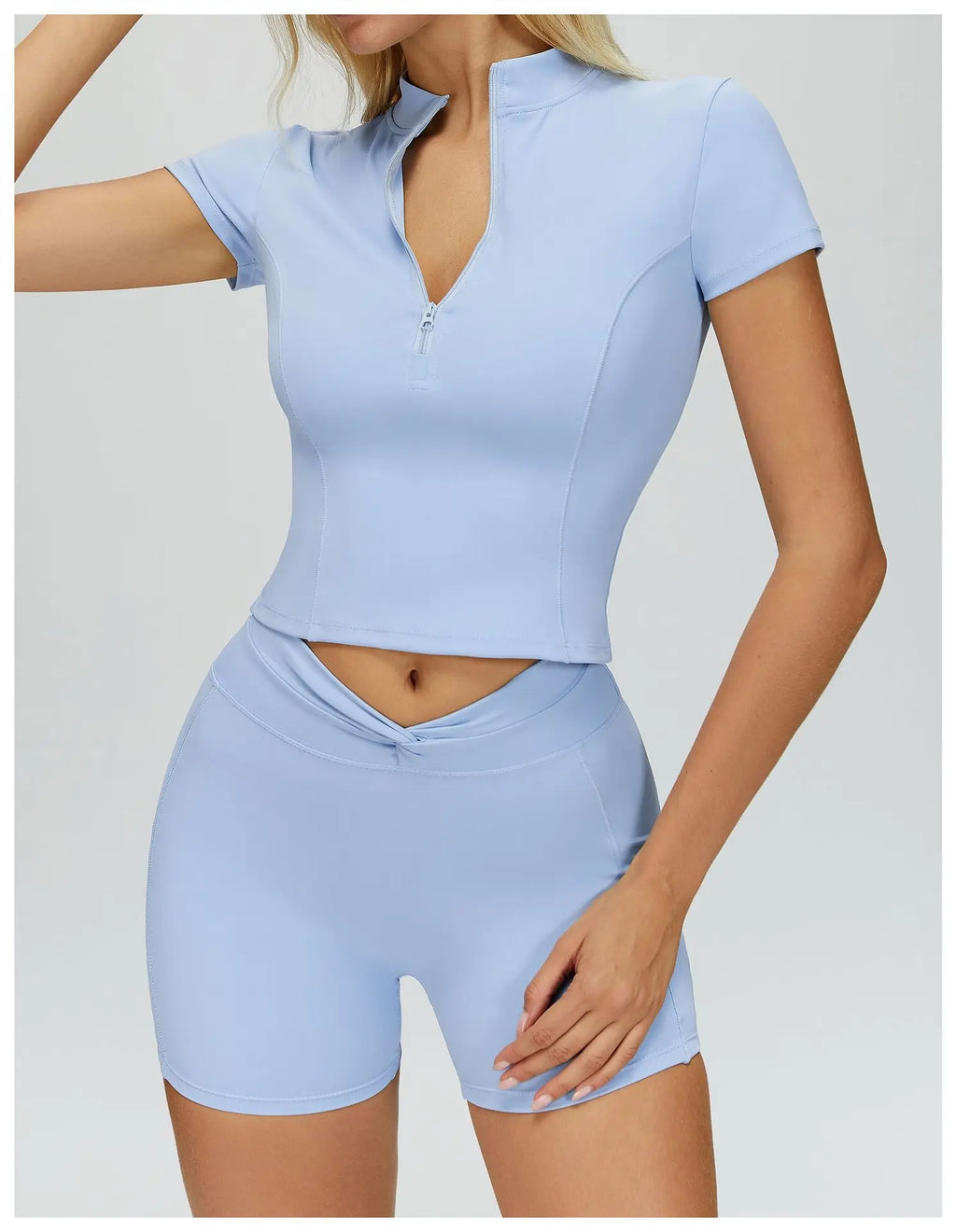 Naked Yoga T Shirts Women Stand Up Collar Zipper Tight Sports Shirts Outdoor Solid Short Sleeved Gym Running Fitness Tank Tops
