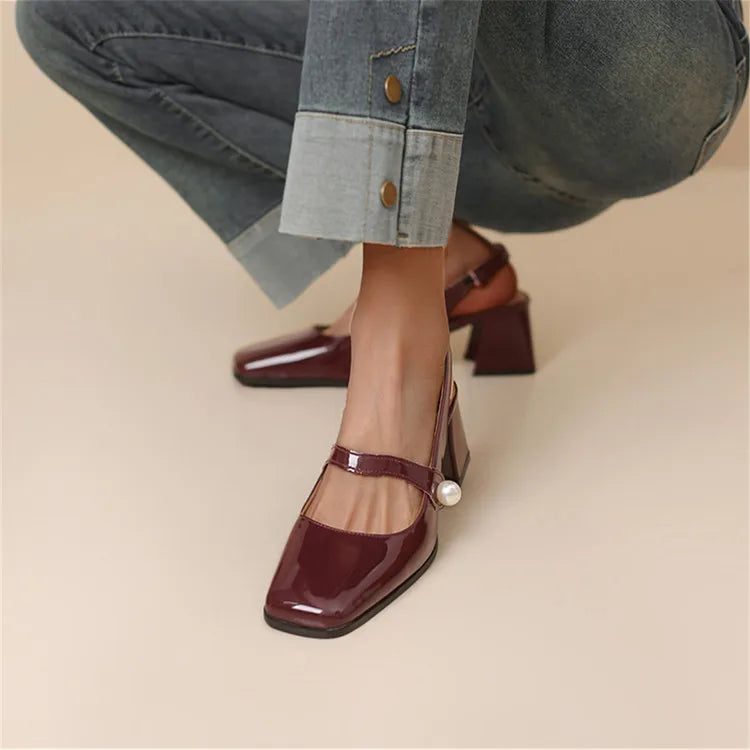 NASBAVI Fashion Women Pumps Slingback Sandals Square Toe Patent Leather Block High Heeled Mary Jane Shoes Ladies Gold Silver