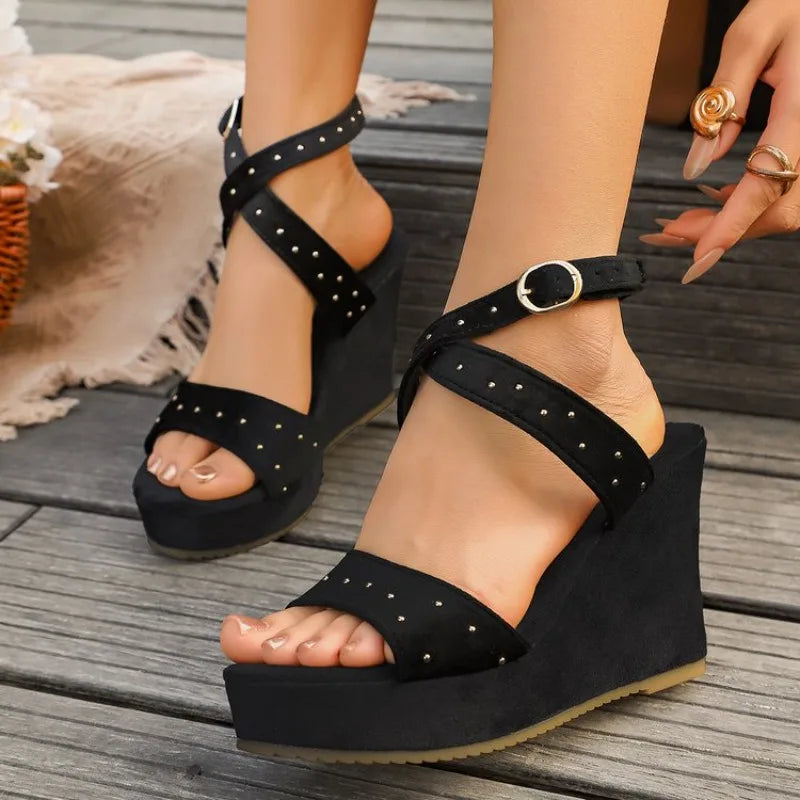 Black Super High Heels Sandals Women Flats Platform Sandals with Rivet Cow Leather Comfort Summer Shoes Casual Daily Dress AU31