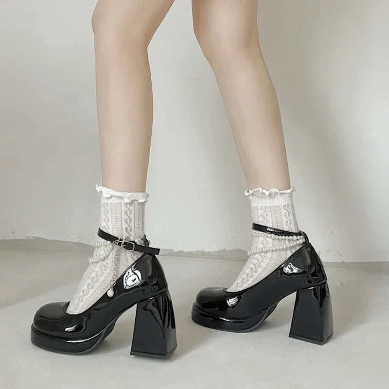 10cm Super High Heels Mary Jane Shoes Women Fashion Patent Leather Platform Pumps Woman Pearls Chain Ankle Strap Party Shoes
