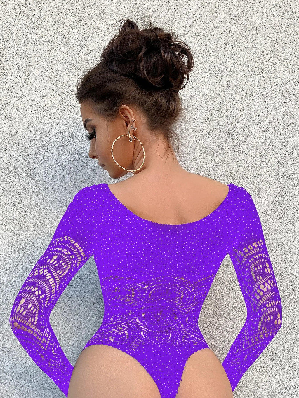 Toucheart Sexy Lingerie Long Sleeve Women's Jumpsuit Hollow Bikini One Piece Sexy Jacquard Solid Color Mesh See-through Bodysuit