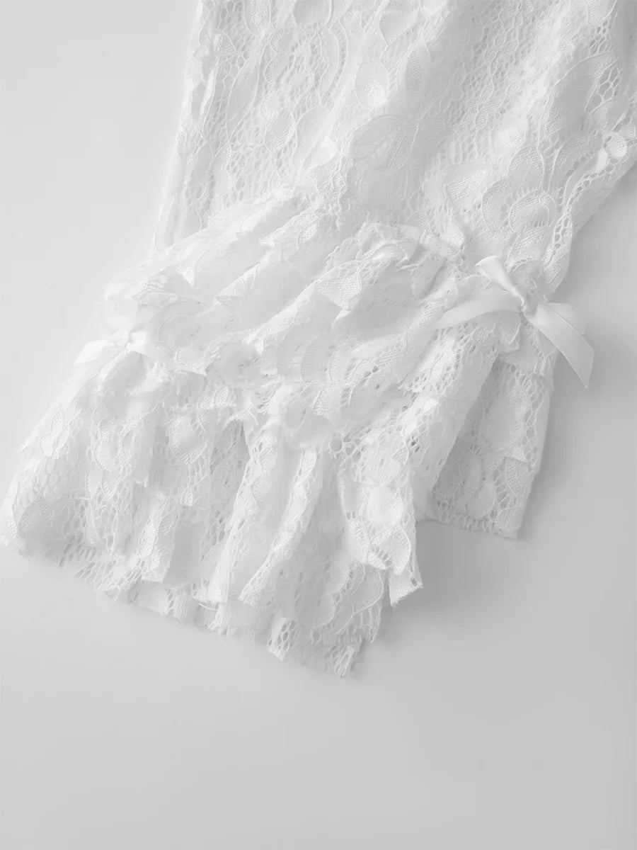 Women Summer Lace Ruffle Capri Leggings Solid Color Sheer Mesh Elastic High Waist See Through Pants