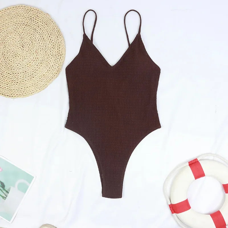 2026 Sexy One Piece Swimsuit Swimwear Women Pit Striped V-neck Backless Retro Solid Beachwear Bathing Suit Maillot De Bain Femme