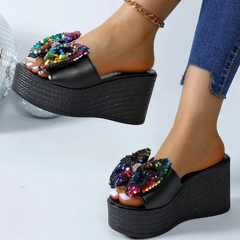 Women Colorful Sequins Platform Slippers Fashion 2025 Wedge Open Toe Black Sandal Ladies New Plus Size Thick Bottom Slides Mujer