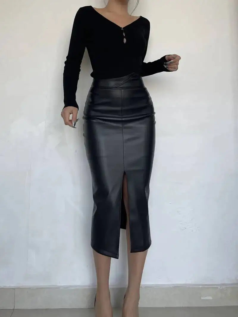 Sexy One Step Split PU Leather Half Skirt For Women's New High Waisted Slim Streetwear Black PU Fashion Womne Mini Dress  YTM8