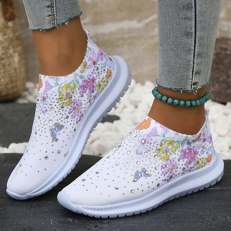 2025 Fashion Crystal Platform Sneakers Women Plus Size Slip On Flowers Printed Flats Woman Breathable Soft Sole Wakling Shoes