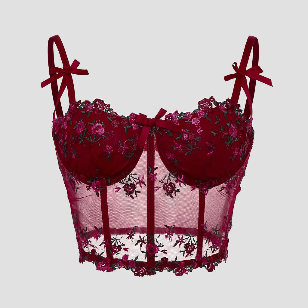 Sexy Lace Floral Embroidery Bow Corset For Women Camisole Sheer Mesh Fishbone Slim Crop Top Wired Bra Camis Festival Lingerie