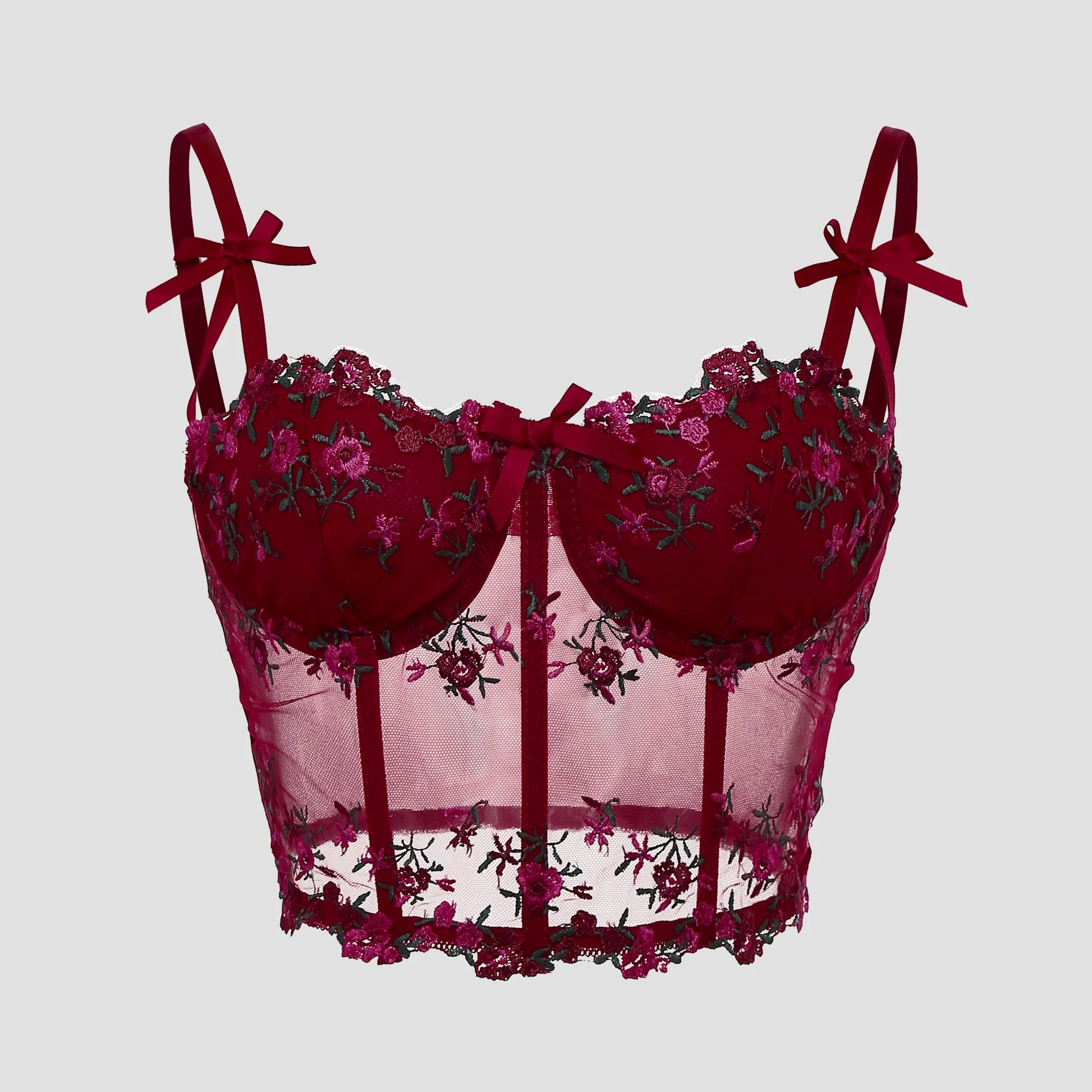 Sexy Lace Floral Embroidery Bow Corset For Women Camisole Sheer Mesh Fishbone Slim Crop Top Wired Bra Camis Festival Lingerie