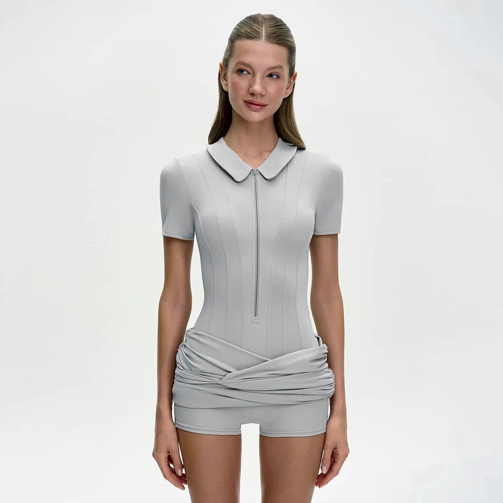FDYOUI Women's Polo Collar Zip-up Jumpsuit Dress Chic Short Sleeve Folds Solid Bodysuits One Piece Yoga Fitness Sporty Playsuits