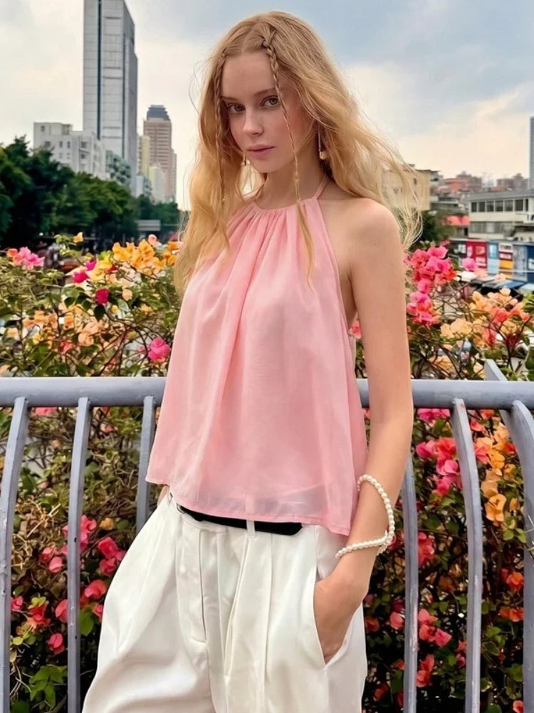 FDYOUI Women's Halter Off Shoulder Camisoles 2026 Summer Sexy Lace-up Backless Pink Tank Top Girls Loose Solid Tops Streetwear