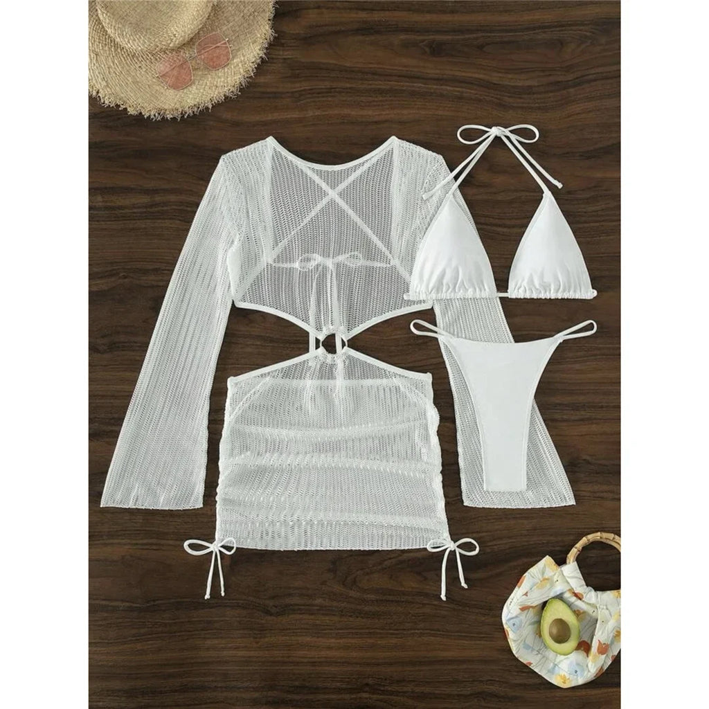 With Long Sleeve Cover Up Halter Bikini Women Swimwear Female Swimsuit Three-pieces Bikini set Bather Bathing Suit Swim V5123