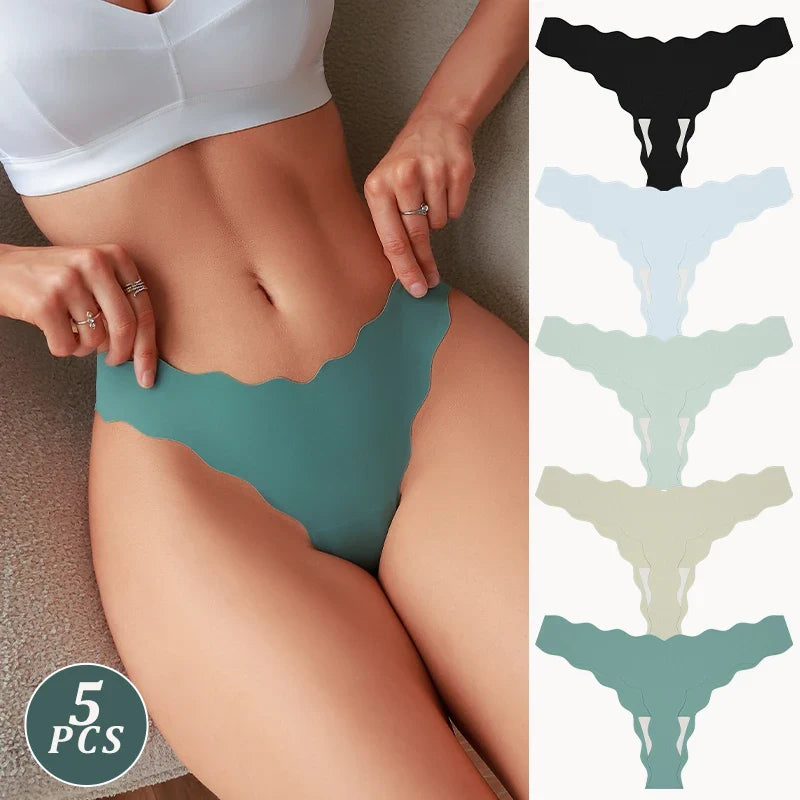 5Pcs Seamless Full-Body Fan-Shaped Wave Decorative Briefs Sexy Thongs Comfortable Breathable Stretch Underwear Women's Lingerie