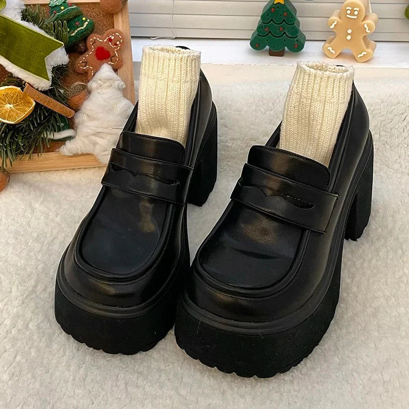 Punk Style Chunky Platform Pumps Women Black Pu Leather Super High Heel Loafers Woman Slip On Thick Heels Lolita Mary Jane Shoes