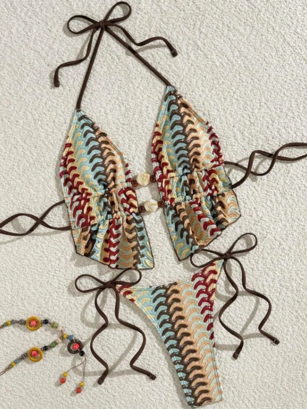 Sexy Coffee Striped Bikini Set 2026 Women Beaded String Hollow Out Crop Top Thong Swimsuit Summer Bathing Suit Holiday Swimwear