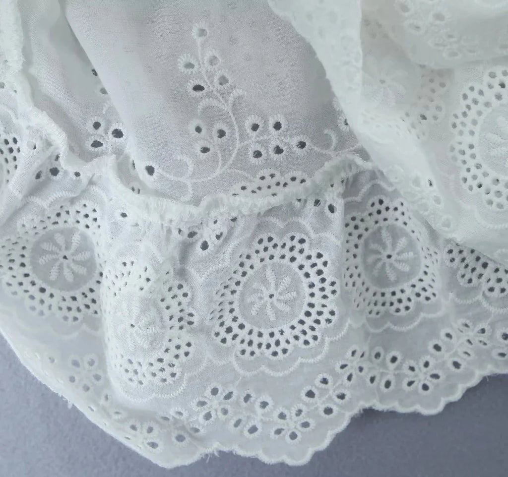 Foridol Summer Off Shoulder White Lace Skirt Set Dress Women Outfits Ruffles Tiered Mini Flower Embriodery Two Pieces Beach Suit
