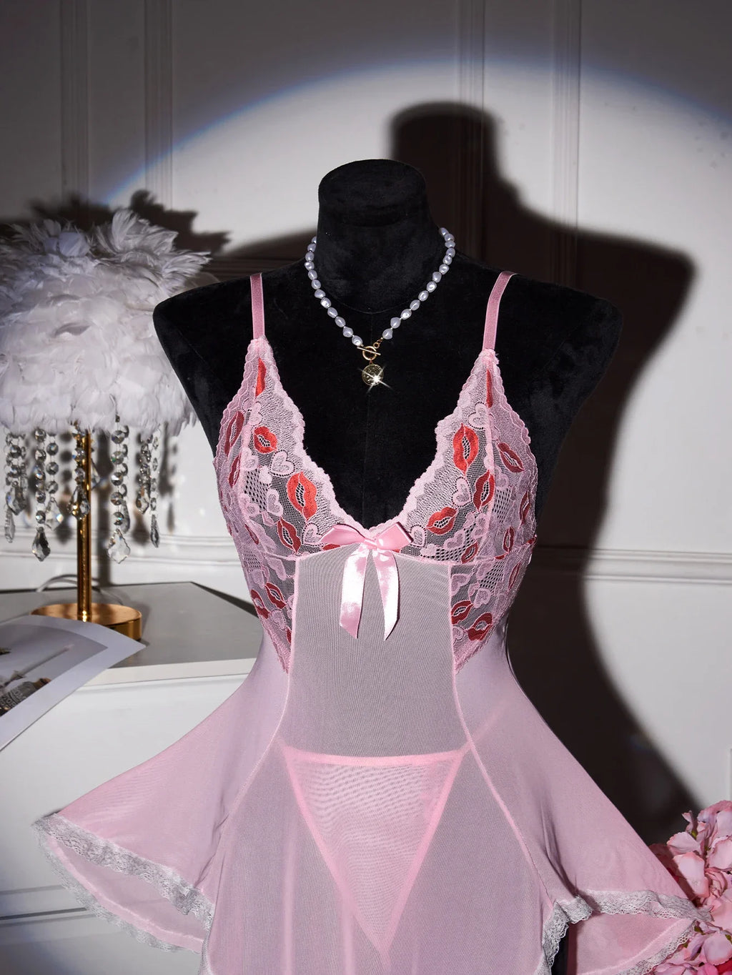 Pink Transparent Ultra Thin Hot Nightgown Women's Pajamas With Thongs Lace Mesh Dress For Sex V-Neck Backless Sexy Lingerie