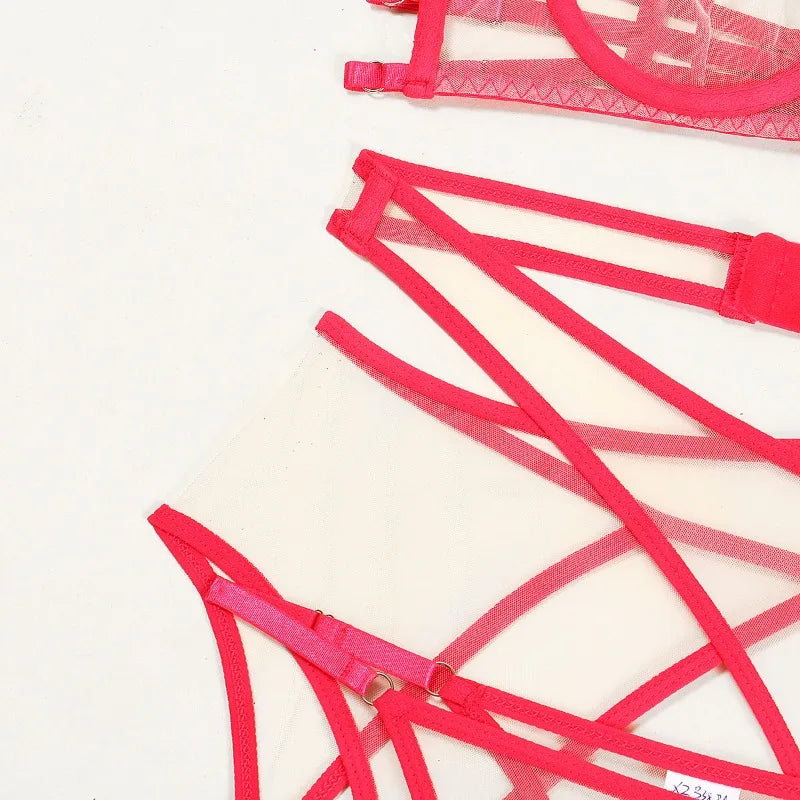 Toucheart 4 Piece Set Bra Set Nude See-Through Mesh Contrasting Color Hemmed Sexy Underwear For Women Girdle Garter Belt Suit