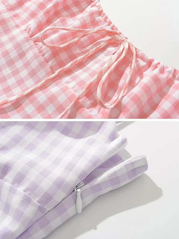 Foridol Spaghetti Strap Tie Up Plaid Dress Women Summer Beach Midi Sundress Strapless Retro Pink Short Vestidos Female Dress