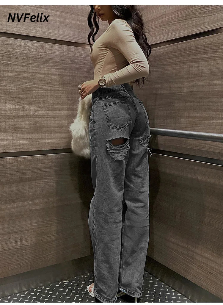 Women's Jeans Trend High-Waisted Distressed Skinny Straight-Leg Jeans Solid Color Distressed Finish Button-Fly Zipper Trousers