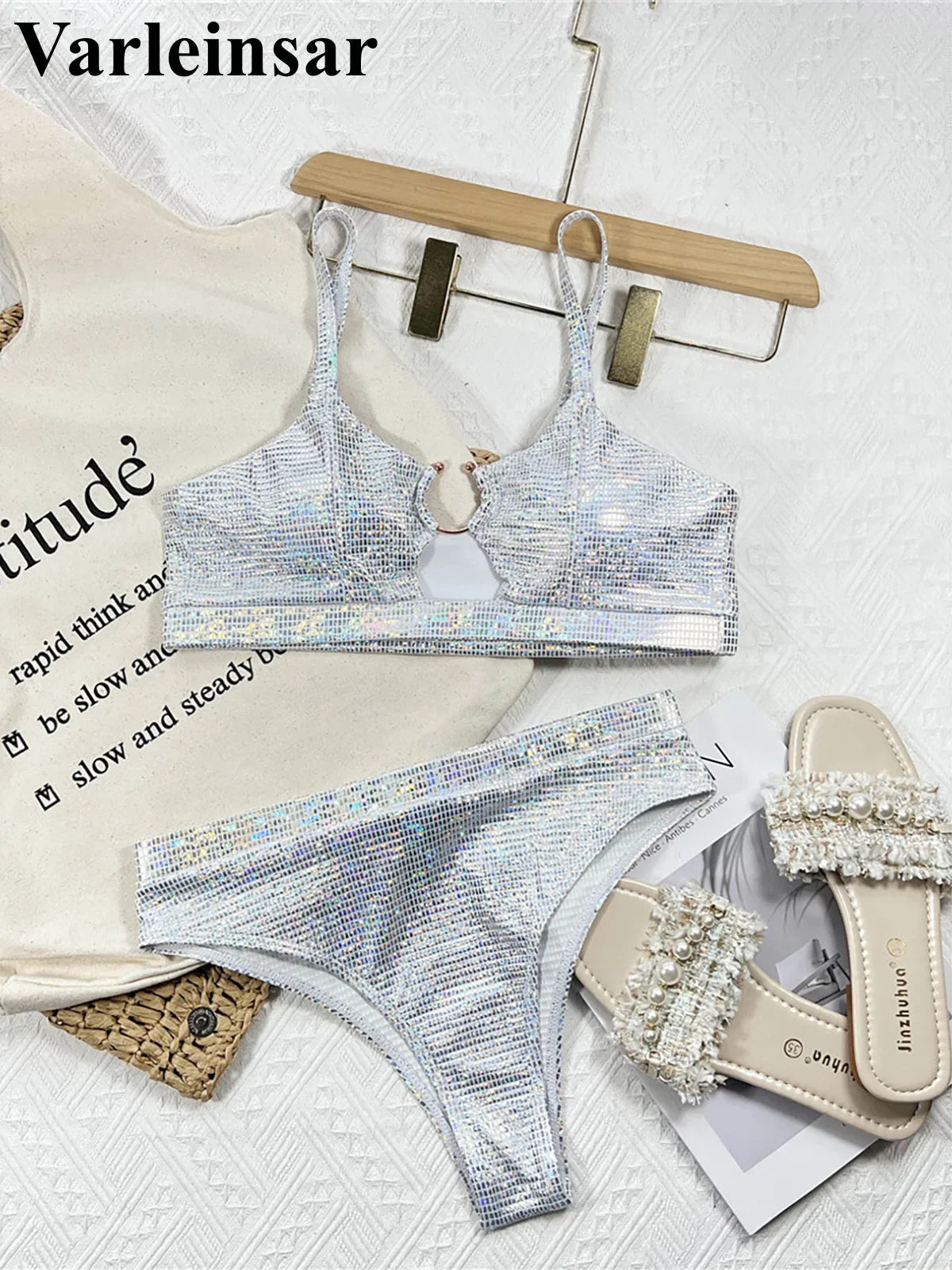New Shiny Sequins High Waist Bikini Female Swimsuit Women Swimwear Two-pieces Bikini Set Padded Bather Bathing Suit Swim V4213