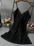 Women Satin Nightdress Lace Trim Slip Dress Spaghetti Strap Silky Nightgown Elegant Sleepwear Home Lingerie