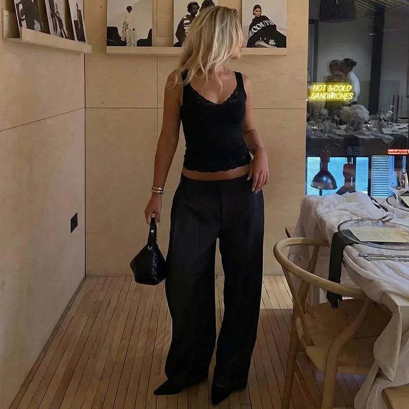 FDYOUI Sexy Lace Patchwork Tank Tops for Women Fashion Sleeveless Backless Cropped T-shirt Black White Y2K Skinny Corset Top