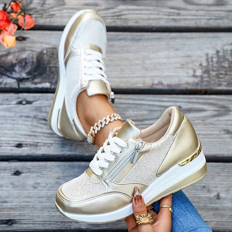 Plus Size 44 Wedges Sneakers Women Fashion Pink Gold Lace Up Platform Sports Shoes Woman Non Slip Thick Bottom Vulcanized Shoes