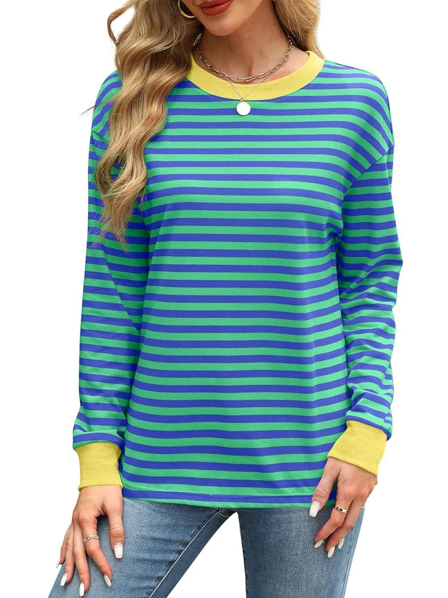 Autumn Winter Long Sleeve Basic T-Shirts Women Stripe Print Round Neck Casual Loose Fit Tunic Tops Streetwear