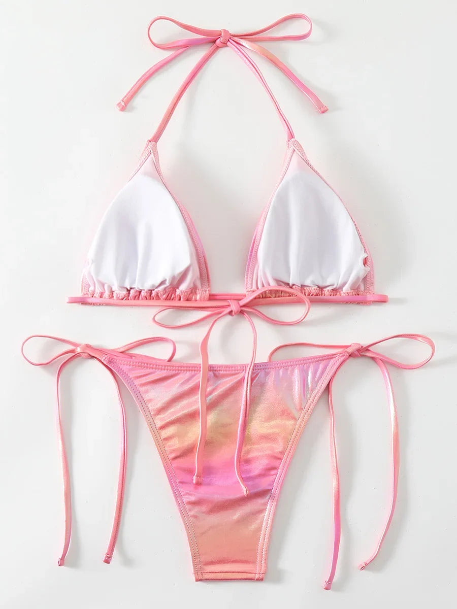 Sexy Shiny Pu Faux Leather Bikini 2025 Women Swimwear Female Swimsuit Two-pieces Bikini set String Bather Bathing Suit Swim Lady