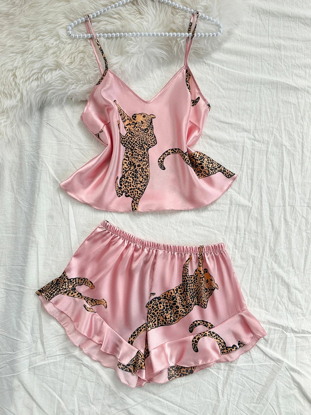 Summer 2-pieces Pink Leopard Printed Pajamas Set for Women Sexy Ice Silk Stain Sleepwear Casual Crop Tops and Shorts Lounge