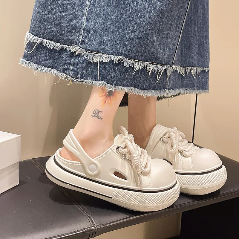 2025 DIY Laceup Platform Slippers For Women Home Street Garden Shoes Thick Sole Fashion Clogs Girls Summer Sandals Beach Slides