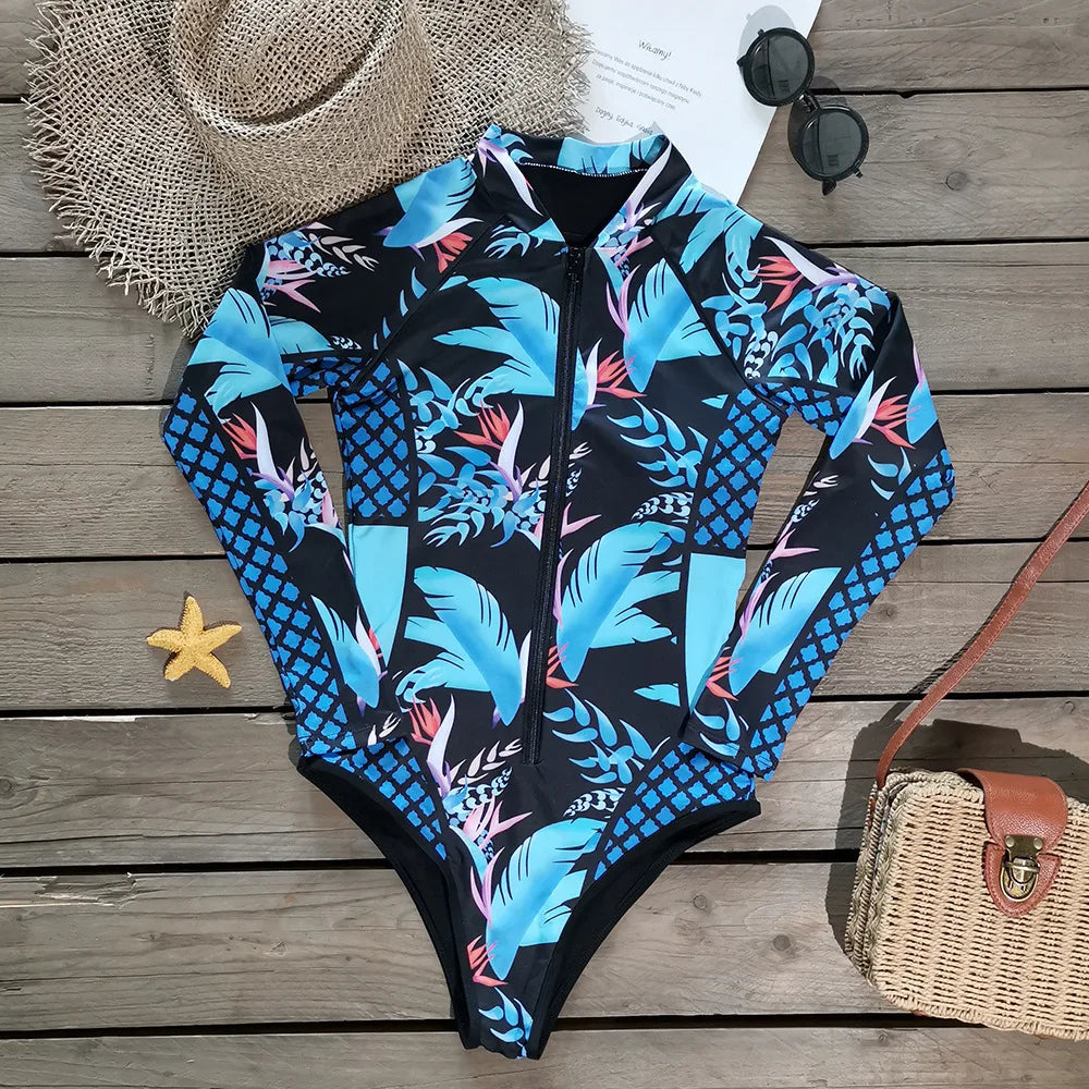 2025 Women's Rashguard Long Sleeves One Piece Swimsuit Patchwork Swimwear Zipper Monokini Surf Bathing Suit Sports Bodysuit S-XL