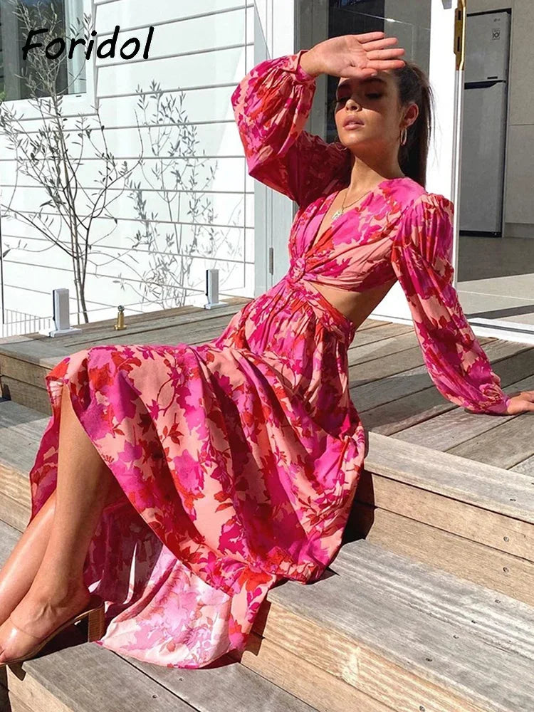 Waist Cut Out Backless Sexy Summer Maxi Dress Elegant Deep V Neck Holiday Long Dress Red Black Boho Floral Dress Women 2025