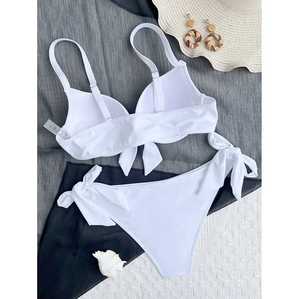 XS - XL Knotted Push Up Bikini Swimsuit Female Swimwear Women Two-pieces Bikini Set With Bra Cup Bather Bathing Suit Swim V3992