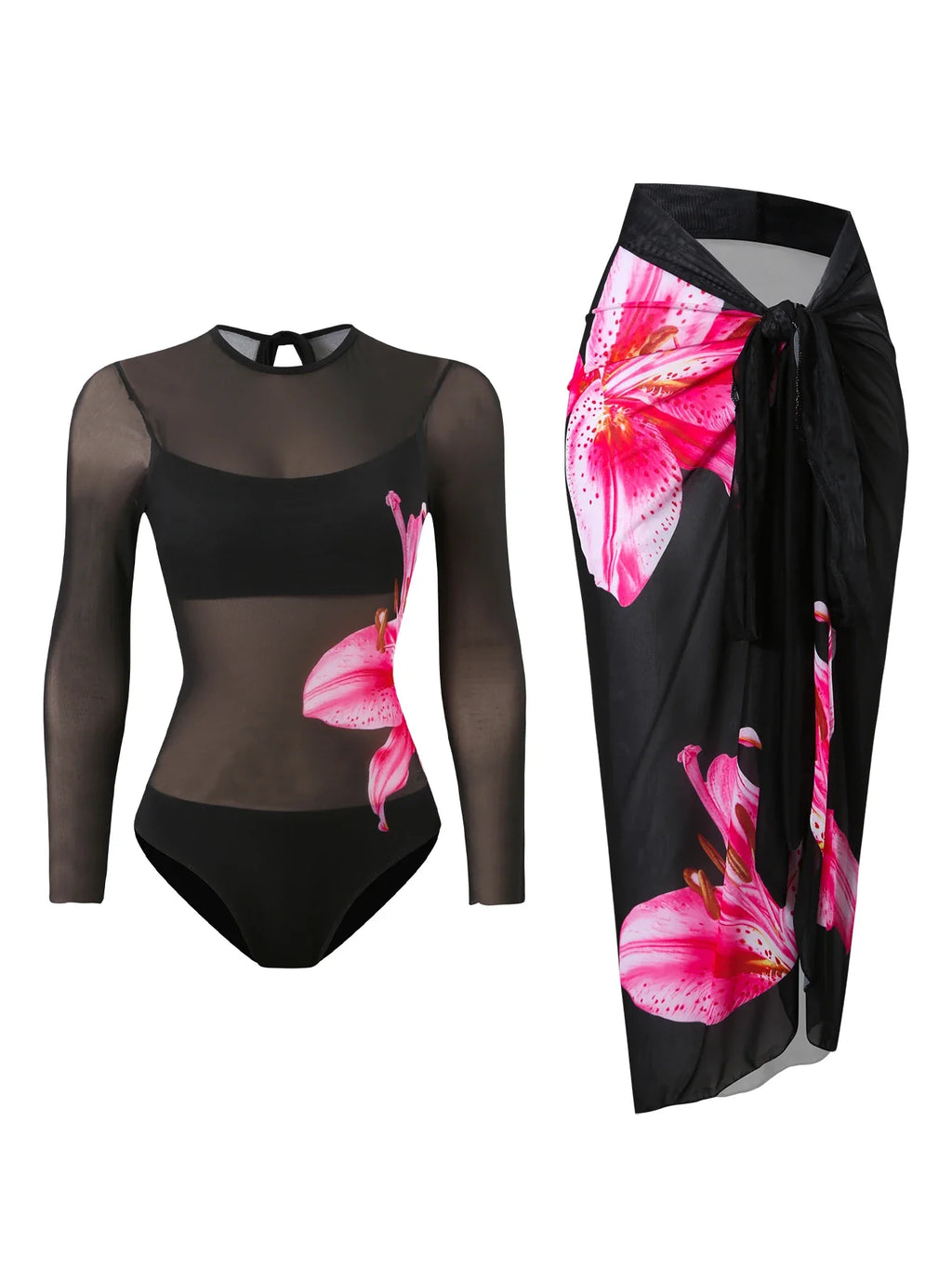 2026 Printed Mesh Swimsuit One Piece & Beach Dress Long Sleeves Swimwear Women Bathing Swimming Swim Suit Padded Beachwear