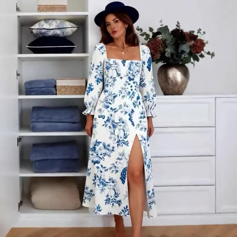 French Casual Style Square-neck Slim-fit Dress Feminine With Side Slit Three-quarter Sleeves Waist Cinching Printed Holiday THF3